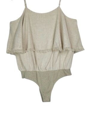 Lizard Thicket NWOT Woman’s Oatmeal Color linen/Cotton Fringe Bodysuit Medium